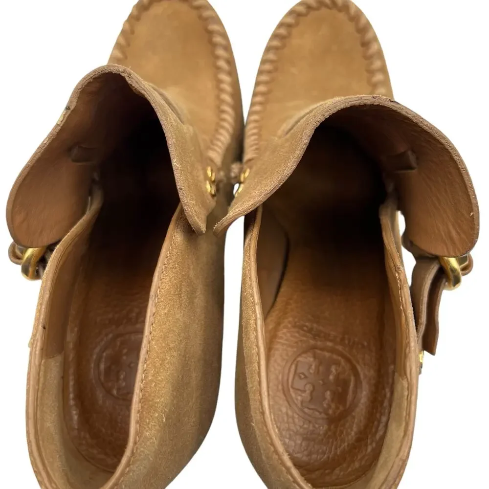 Tory Burch Womens Belen 9.5 Suede Stiletto Ankle Boots Booties Tan Camel Buckles